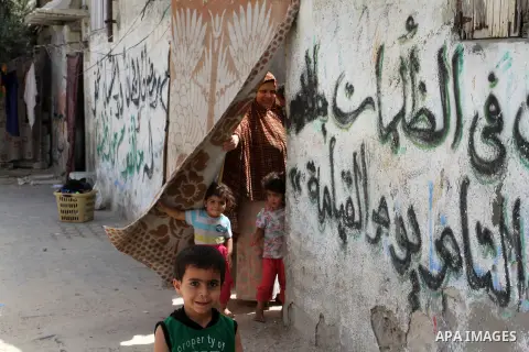 Palestinian children stand outside their family house on the 68th anniversary of the "Nakba" in the southern Gaza Strip town of Khan Younis on May 15, 2016. "Nakba" means in Arabic "catastrophe" in reference to the birth...