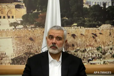 Senior Hamas leader Ismail Haniyeh, attends a meeting with Gaza Strip's notables in Gaza city, on May 17, 2016. Photo by Ashraf Amra