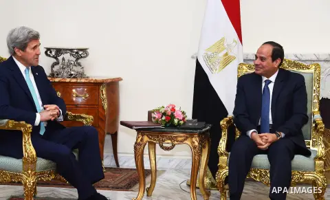 U.S. Secretary of State John Kerry meets with Egyptian President Abdel-Fattah al-Sisi in Cairo, Egypt on May 18, 2016. Photo by Egyptian President Office