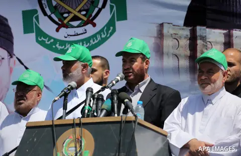 Senior Hamas leader Fathi Hammad speaks during a rally to commemorate the 68th anniversary of the "Nakba" or "catastrophe" in Arabic in reference to the establishment in 1948 of the state of Israel in Gaza city on May 20...