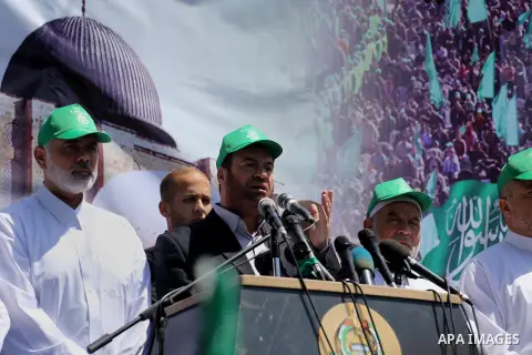 Senior Hamas leader Fathi Hammad speaks during a rally to commemorate the 68th anniversary of the "Nakba" or "catastrophe" in Arabic in reference to the establishment in 1948 of the state of Israel in Gaza city on May 20...