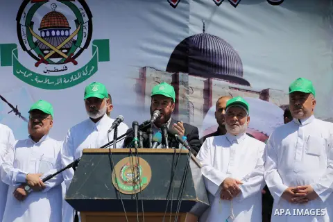 Senior Hamas leader Fathi Hammad speaks during a rally to commemorate the 68th anniversary of the "Nakba" or "catastrophe" in Arabic in reference to the establishment in 1948 of the state of Israel in Gaza city on May 20...