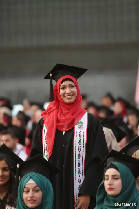 Palestinian students attend their graduation ceremony at the end of the academic year on May 21, 2016 at Birzeit University in the West Bank town of Birzeit, near Ramallah. Photo by Shadi Hatem