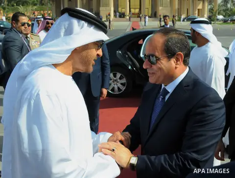 Egyptian President Abdel Fattah al-Sisi bids farewell to Highness the Crown Prince of Abu Dhabi, in Cairo airport, Egypt, on May 25, 2016. Photo by Egyptian President Office
