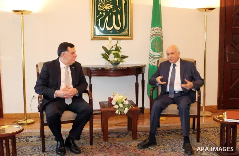 Arab League Secretary General Nabil al-Arabi meets with Libyan Foreign Minister, in cairo, on May 28, 2016. Photo by Egyptian President Office