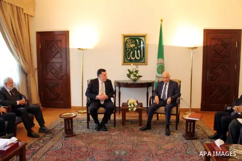 Arab League Secretary General Nabil al-Arabi meets with Libyan Foreign Minister, in cairo, on May 28, 2016. Photo by Egyptian President Office