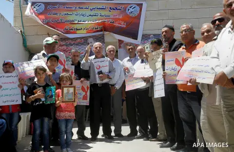 Palestinians take part in a protest to solidarity with the prisoners in Israeli jails, in front of Red cross office, in the West Bank city of Hebron, on May 30, 2016. Photo by Wisam Hashlamoun