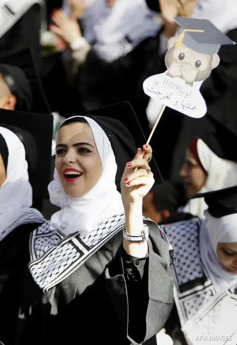 Palestinian students attend their graduation ceremony at the end of the academic year on June 01, 2016 at Hebron University in the West Bank city of Hebron. Photo by Wisam Hashlamoun