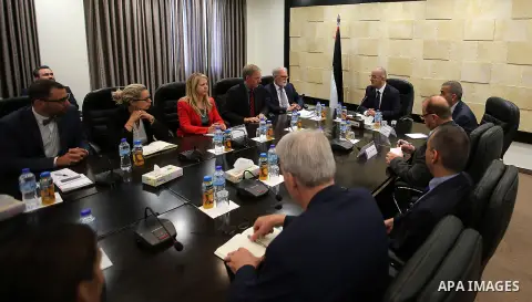 Palestinian Prime Minister Rami Hamdallah meets with a delegation from the Federal Academy for Security Policy in Germany , in the West Bank city of Ramallah, on June 2, 2016. Photo by Prime Minister Office