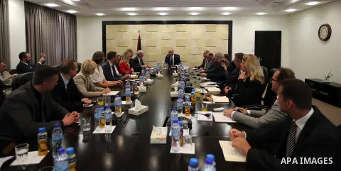 Palestinian Prime Minister Rami Hamdallah meets with a delegation from the Federal Academy for Security Policy in Germany , in the West Bank city of Ramallah, on June 2, 2016. Photo by Prime Minister Office