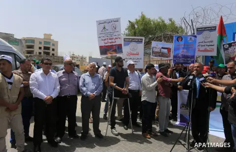 Senior Hamas Leader. Ismail Redwan speaks during in a protest to mark Naksa Day (setback), in front of the headquarter United Nation "UNSCO" in Gaza City, on June 04, 2016. Palestinians mark "Naksa Day" to mourn the 49th...