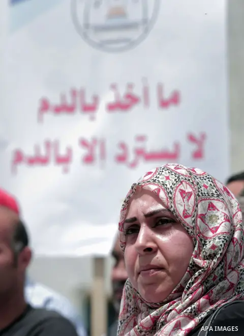 Palestinians take part in a protest to mark Naksa Day (setback), in front of the headquarter United Nation "UNSCO" in Gaza City, on June 04, 2016. Palestinians mark "Naksa Day" to mourn the 49th anniversary of Israel's o...