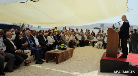 Palestinian Prime Minister Rami Hamdallah puts the corner stone for the Martyrs of the High school for Girls in the West Bank city of Nablus on June 4.2016 Photo by Prime Minister Office