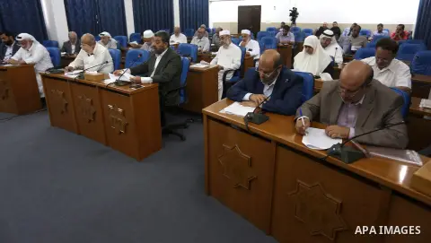Members of the Palestinian legislative council from Hamas movement attend a meeting at the legislative council in Gaza city on June 8, 2016. Photo by Mohammed Asad