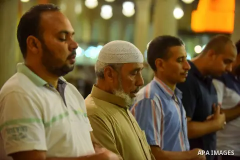 Egyptian Muslim worshipers perform "Taraweeh", nightly prayer of the month of Ramadan, at Amr Ibn al-Aas mosque, in Cairo, Egypt on June 08, 2016. Ramadan is sacred to Muslims because it is during that month that traditi...