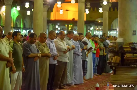 Egyptian Muslim worshipers perform "Taraweeh", nightly prayer of the month of Ramadan, at Amr Ibn al-Aas mosque, in Cairo, Egypt on June 08, 2016. Ramadan is sacred to Muslims because it is during that month that traditi...