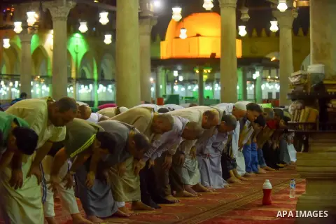 Egyptian Muslim worshipers perform "Taraweeh", nightly prayer of the month of Ramadan, at Amr Ibn al-Aas mosque, in Cairo, Egypt on June 08, 2016. Ramadan is sacred to Muslims because it is during that month that traditi...