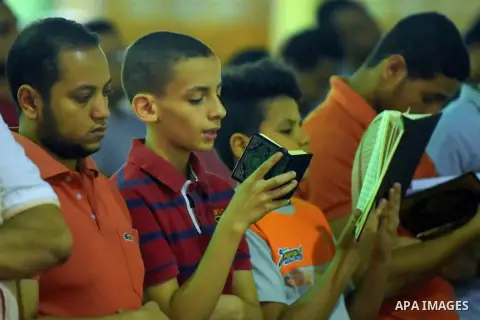 Egyptian Muslim worshipers perform "Taraweeh", nightly prayer of the month of Ramadan, at Amr Ibn al-Aas mosque, in Cairo, Egypt on June 08, 2016. Ramadan is sacred to Muslims because it is during that month that traditi...