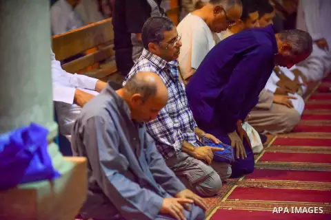 Egyptian Muslim worshipers perform "Taraweeh", nightly prayer of the month of Ramadan, at Amr Ibn al-Aas mosque, in Cairo, Egypt on June 08, 2016. Ramadan is sacred to Muslims because it is during that month that traditi...