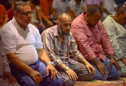 Egyptian Muslim worshipers perform "Taraweeh", nightly prayer of the month of Ramadan, at Amr Ibn al-Aas mosque, in Cairo, Egypt on June 08, 2016. Ramadan is sacred to Muslims because it is during that month that traditi...