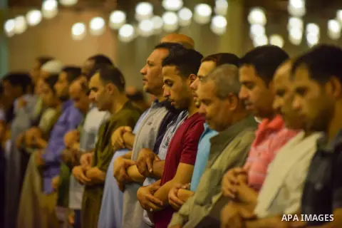 Egyptian Muslim worshipers perform "Taraweeh", nightly prayer of the month of Ramadan, at Amr Ibn al-Aas mosque, in Cairo, Egypt on June 08, 2016. Ramadan is sacred to Muslims because it is during that month that traditi...