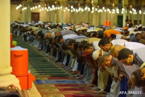 Egyptian Muslim worshipers perform "Taraweeh", nightly prayer of the month of Ramadan, at Amr Ibn al-Aas mosque, in Cairo, Egypt on June 08, 2016. Ramadan is sacred to Muslims because it is during that month that traditi...