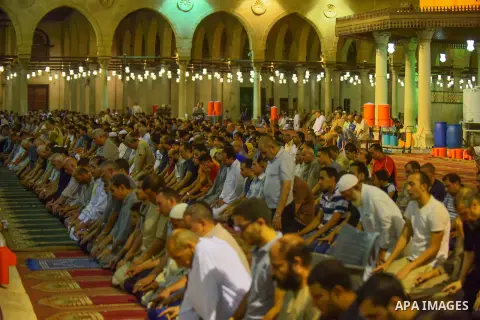 Egyptian Muslim worshipers perform "Taraweeh", nightly prayer of the month of Ramadan, at Amr Ibn al-Aas mosque, in Cairo, Egypt on June 08, 2016. Ramadan is sacred to Muslims because it is during that month that traditi...