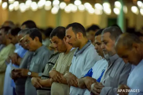 Egyptian Muslim worshipers perform "Taraweeh", nightly prayer of the month of Ramadan, at Amr Ibn al-Aas mosque, in Cairo, Egypt on June 08, 2016. Ramadan is sacred to Muslims because it is during that month that traditi...