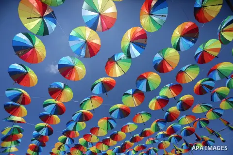 A Picture taken in June 9, 2016 shows beachside café shop was decorate its terrace with hanging colourful umbrellas as part of decorations for the Muslim holy fasting month of Ramadan in Gaza City. Ramadan is sacred to M...