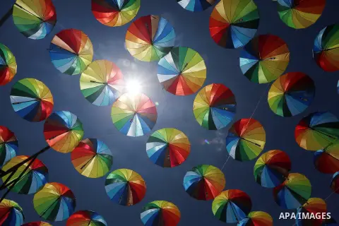 A Picture taken in June 9, 2016 shows beachside café shop was decorate its terrace with hanging colourful umbrellas as part of decorations for the Muslim holy fasting month of Ramadan in Gaza City. Ramadan is sacred to M...