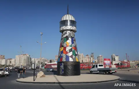 The general view show the lighthouse at the seaport of Gaza city, on June 10, 2016. Gaza lighthouse project depends on the recycling remnants of Israeli offensive on the Gaza Strip in 2014, for the Palestinian artist Sha...