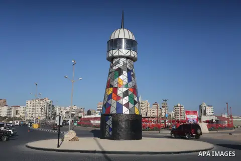 The general view show the lighthouse at the seaport of Gaza city, on June 10, 2016. Gaza lighthouse project depends on the recycling remnants of Israeli offensive on the Gaza Strip in 2014, for the Palestinian artist Sha...