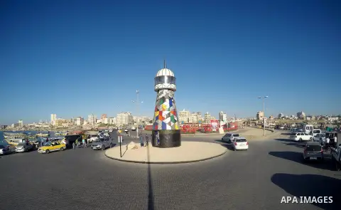The general view show the lighthouse at the seaport of Gaza city, on June 10, 2016. Gaza lighthouse project depends on the recycling remnants of Israeli offensive on the Gaza Strip in 2014, for the Palestinian artist Sha...