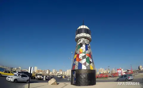 The general view show the lighthouse at the seaport of Gaza city, on June 10, 2016. Gaza lighthouse project depends on the recycling remnants of Israeli offensive on the Gaza Strip in 2014, for the Palestinian artist Sha...