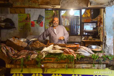 An Egyptian vendor displays fishes at his shop on the holy month of Ramadan at a fishes market at the Imbaba area in Cairo, Egypt, on June 11, 2016. Ramadan is sacred to Muslims because it is during that month that tradi...