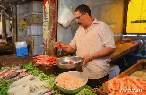 An Egyptian vendor displays fishes at his shop on the holy month of Ramadan at a fishes market at the Imbaba area in Cairo, Egypt, on June 11, 2016. Ramadan is sacred to Muslims because it is during that month that tradi...