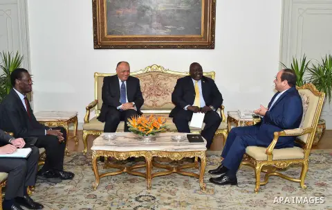 Egyptian President Abdel Fattah al-Sisi meets with Uganda's Foreign Minister, Henry Oryem Okello, in Cairo, Egypt, on June 14, 2016. Photo by Egyptian President Office