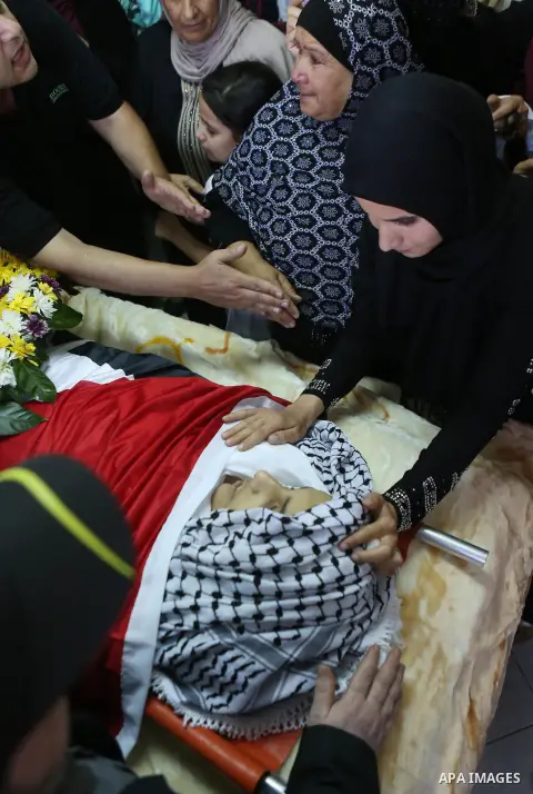 Relatives of Palestinian boy Mahmoud Badran, 15, who was killed by Israeli troops on Tuesday, mourn during his funeral in the village of Beit Ore-Tahta near the West Bank city of Ramallah June 23, 2016. Photo by Shadi Ha...