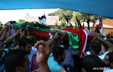 Mourners carry the body of Palestinian boy Mahmoud Badran, 15, who was killed by Israeli troops on Tuesday, during his funeral in the village of Beit Ore-Tahta near the West Bank city of Ramallah June 23, 2016. Photo by...