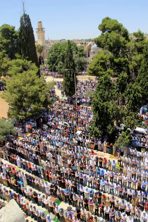 Palestinian Muslim worshippers perform Friday prayer in front of the Dome of the Rock mosque at the al-Aqsa mosque compound in Jerusalem's old city on June 24, 2016 during the holy fasting month of Ramadan. Photo by Mahf...