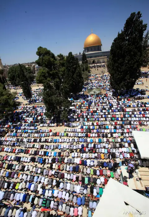 Palestinian Muslim worshippers perform Friday prayer in front of the Dome of the Rock mosque at the al-Aqsa mosque compound in Jerusalem's old city on June 24, 2016 during the holy fasting month of Ramadan. Photo by Mahf...