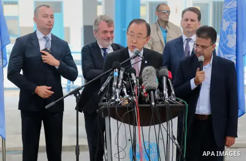 UN Secretary-General Ban Ki-moon speaks during a press conference at a United Nations school in Gaza City on June 28, 2016. UN chief Ban Ki-moon the previous day urged Israelis and Palestinians not to allow extremists on...