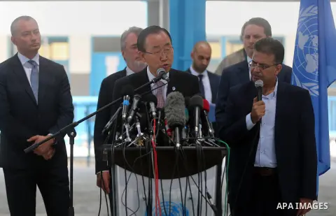 UN Secretary-General Ban Ki-moon speaks during a press conference at a United Nations school in Gaza City on June 28, 2016. UN chief Ban Ki-moon the previous day urged Israelis and Palestinians not to allow extremists on...