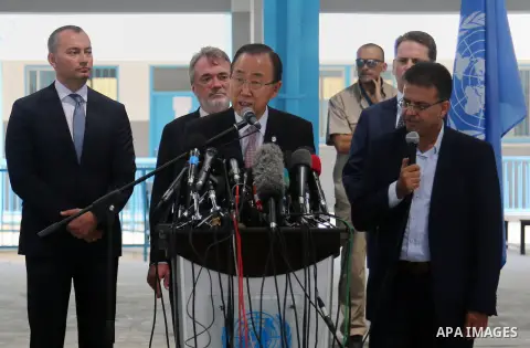 UN Secretary-General Ban Ki-moon speaks during a press conference at a United Nations school in Gaza City on June 28, 2016. UN chief Ban Ki-moon the previous day urged Israelis and Palestinians not to allow extremists on...