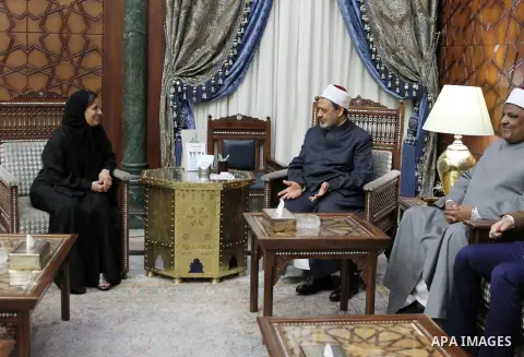 Sheikh Ahmed Mohamed el-Tayeb, Egyptian Imam of al-Azhar Mosque meets with Sheikha Lubna Al Qasimi is the Minister of State for Tolerance in the UAE in Cairo, Egypt, on June 28, 2016. Photo by Amr Sayed