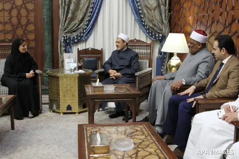 Sheikh Ahmed Mohamed el-Tayeb, Egyptian Imam of al-Azhar Mosque meets with Sheikha Lubna Al Qasimi is the Minister of State for Tolerance in the UAE in Cairo, Egypt, on June 28, 2016. Photo by Amr Sayed