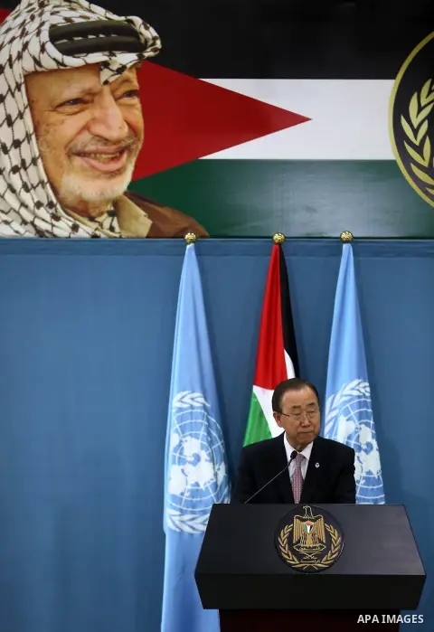 United Nations Secretary General Ban Ki-moon speaks during a joint press conference with Palestinian president after a meeting on June 28, 2016 in the West Bank city of Ramallah. Ban urged Israeli Prime Minister Benjamin...