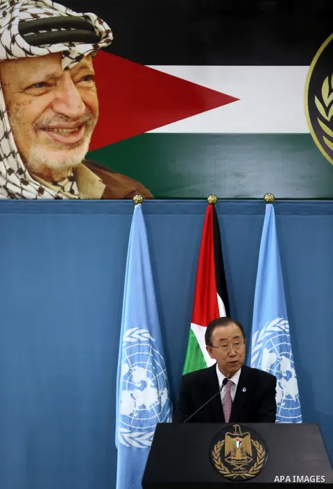 United Nations Secretary General Ban Ki-moon speaks during a joint press conference with Palestinian president after a meeting on June 28, 2016 in the West Bank city of Ramallah. Ban urged Israeli Prime Minister Benjamin...