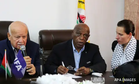 Chairman of the FIFA Monitoring Committee Israel-Palestine Tokyo Sexwale meets with representatives of Palestinian parties in Gaza city July 1, 2016. Photo by Yasser Qudih