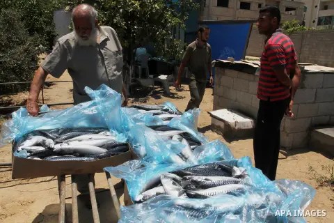 A Palestinian man prepares mackerels to be smoked and sold at a market ahead of the Eid al-Fitr holiday on July 2, 2016 in Khan Yunis, in the southern Gaza Strip. Eid al-Fitr marks the end of Muslim's holy fasting month...